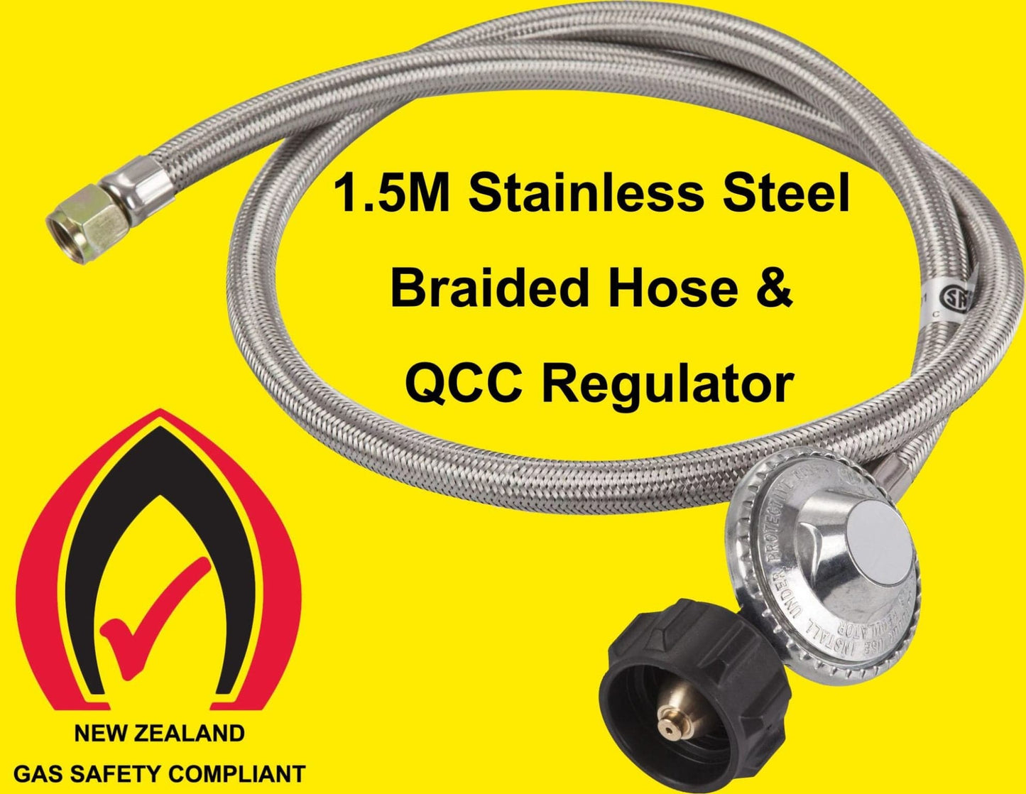 Local Kiwi Deals 1.5m LPG QCC Gas Regulator with Stainless Steel Braided Hose 1/4" Swivel Nut