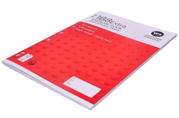 Local Kiwi Deals Exercise Book 1B8 Extra WA4 7mm Ruled 64 Leaf Punched Red