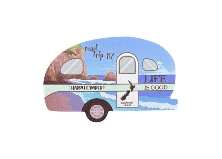 Local Kiwi Deals Happy Camper Caravan Magnet with Cliffs & Beach