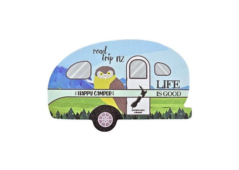Local Kiwi Deals Happy Camper Caravan Magnet with Morepork