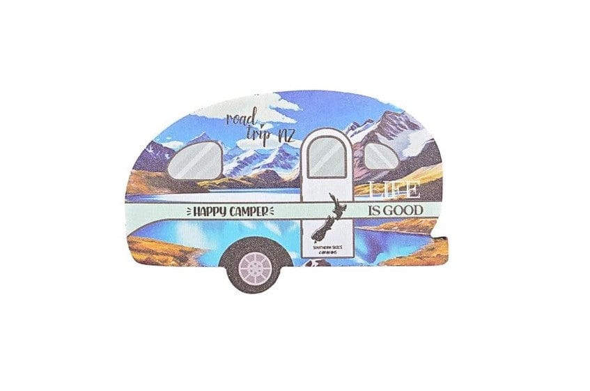 Local Kiwi Deals Happy Camper Caravan Magnet with Mountains - Blue
