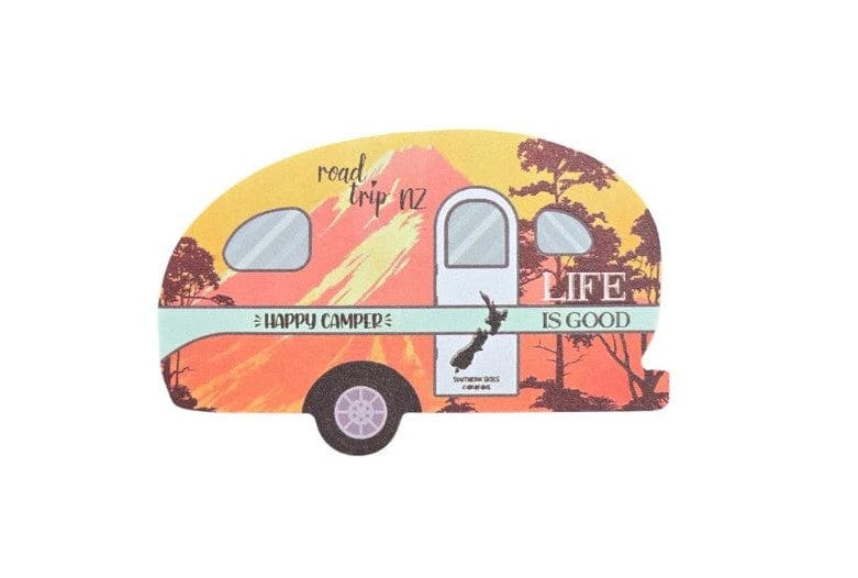 Local Kiwi Deals Happy Camper Caravan Magnet with Mountains - Orange