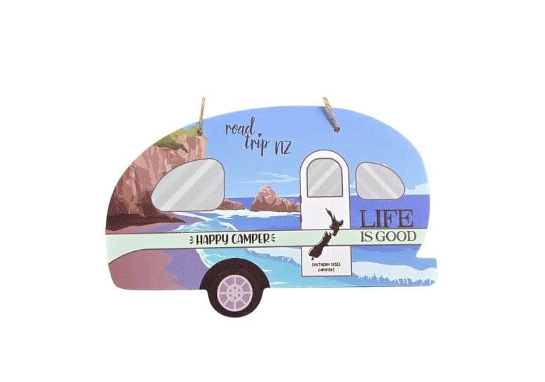 Local Kiwi Deals Happy Camper Caravan Plaque with Cliffs & Beach