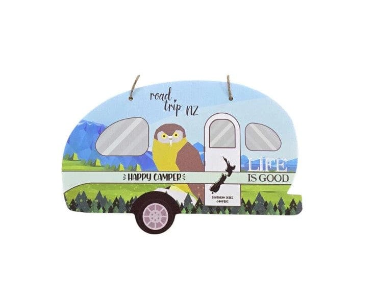 Local Kiwi Deals Happy Camper Caravan Plaque with Morepork