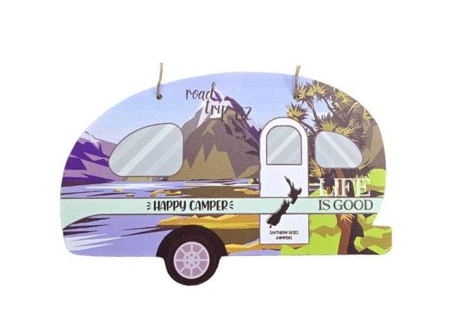 Local Kiwi Deals Happy Camper Caravan Plaque with Mountains - Green