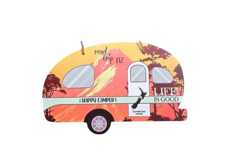 Local Kiwi Deals Happy Camper Caravan Plaque with Mountains - Orange