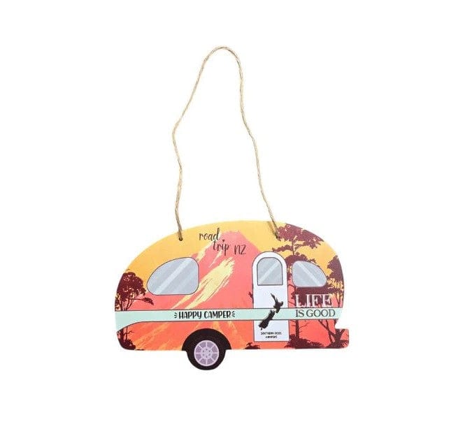 Local Kiwi Deals Happy Camper Caravan Plaque with Mountains - Orange