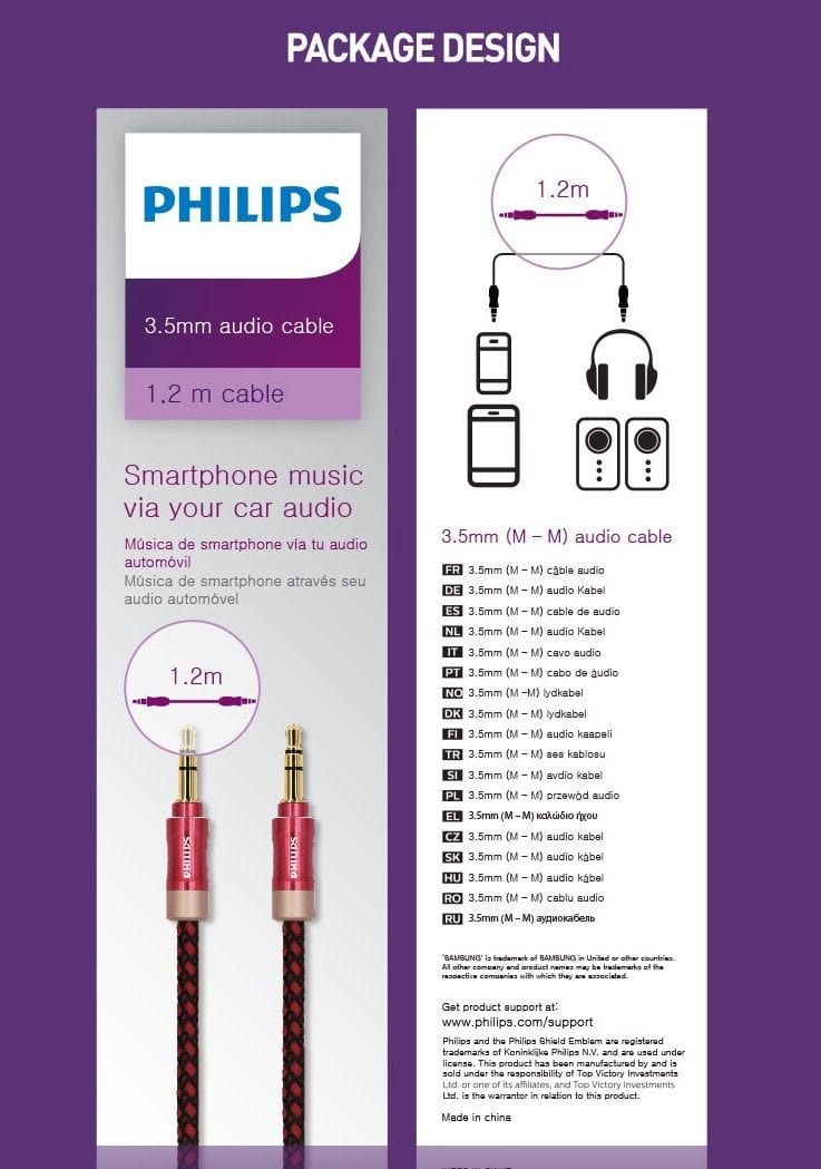 Local Kiwi Deals PHILIPS Audio AUX cable 3.5mm male to 3.5mm male 1.2m SWA6234B