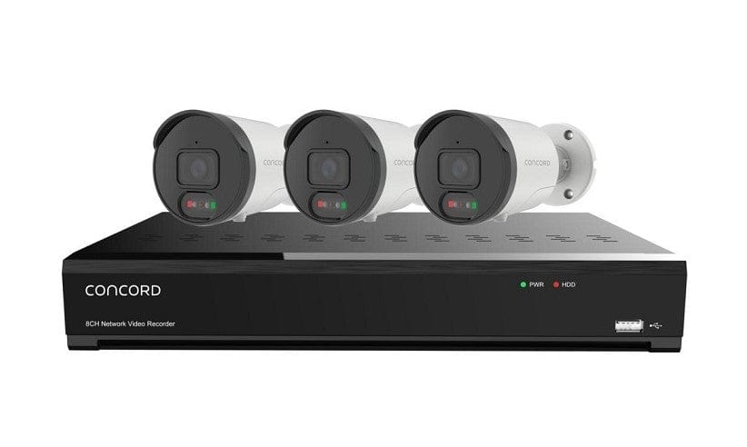 Local Kiwi Deals Concord 8 Channel 4K NVR Kit with 3 x 4K Bullet Cameras featuring Red and Green Lights for Deterrence V3 QV5530
