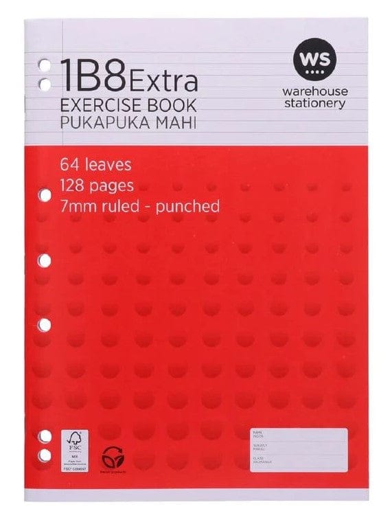 Local Kiwi Deals Exercise Book 1B8 Extra WA4 7mm Ruled 64 Leaf Punched Red