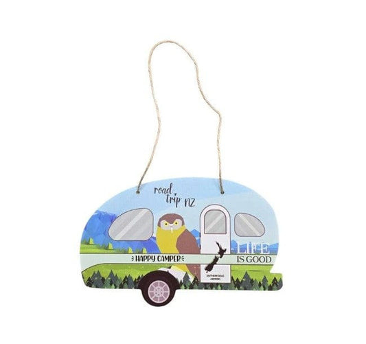 Local Kiwi Deals Happy Camper Caravan Plaque with Morepork