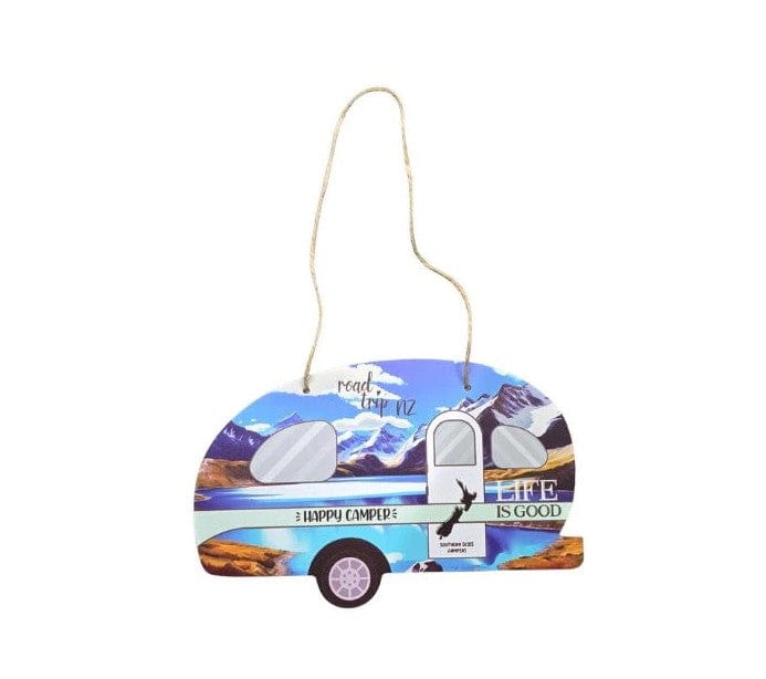 Local Kiwi Deals Happy Camper Caravan Plaque with Mountains - Blue