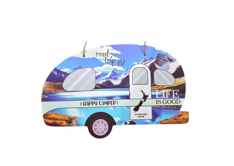Local Kiwi Deals Happy Camper Caravan Plaque with Mountains - Blue