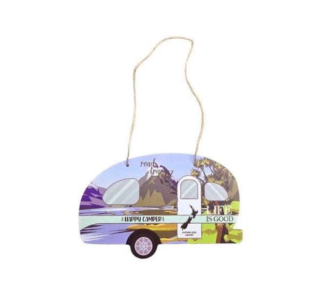 Local Kiwi Deals Happy Camper Caravan Plaque with Mountains - Green