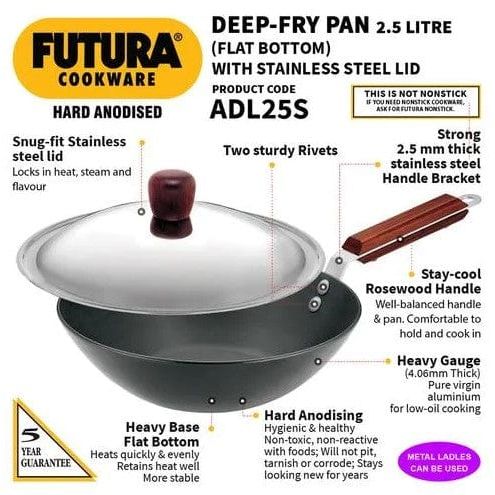 Local Kiwi Deals Kitchen & Dining Hawkins Futura Deep Fry Pan Flat Bottom Wok with Lid 2.5L 26cm Diameter (ADL25S)