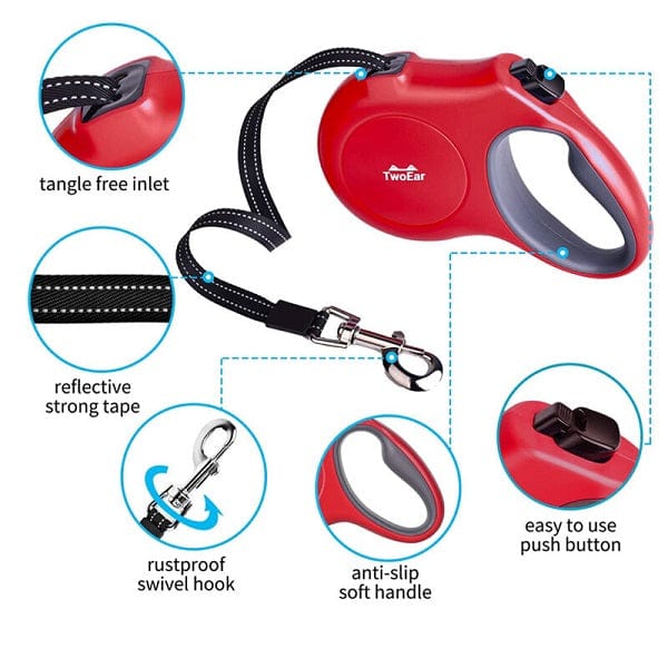 Local Kiwi Deals TwoEar: Retractable Dog Leash with Dispenser and Poop Bags - Red